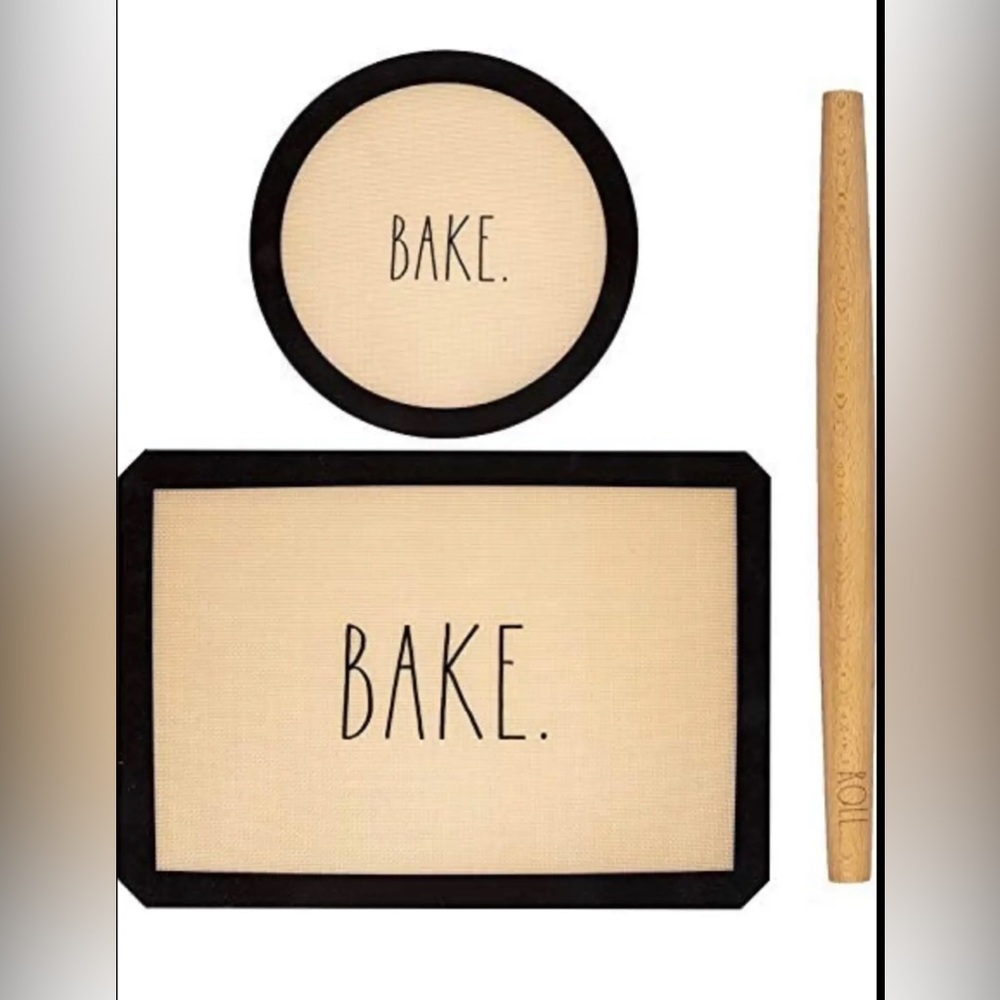 Beige and Black 'BAKE.' Silicone Baking Mat Set with Wooden Rolling Pin